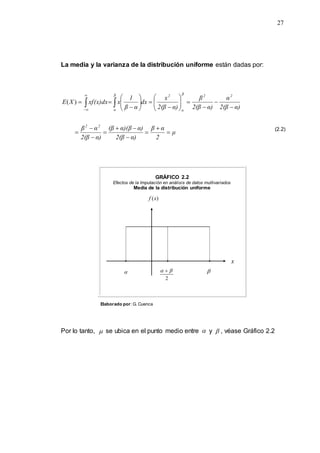 27
La media y la varianza de la distribución uniforme están dadas por:
μ
2
α
β
α)
2(β
α)
α)(β
(β
α)
2(β
α
β
α)
2(β
α
α)
2(β
β
α)
2(β
x
dx
α
β
1
x
xf(x)dx
X
E
2
2
2
2
β
α
2
β
α


































 




)
(
GRÁFICO 2.2
Efectos de la Imputación en análisis de datos multivariados
Media de la distribución uniforme
Por lo tanto,  se ubica en el punto medio entre  y  , véase Gráfico 2.2
(2.2)
 
2

 
)
(x
f
x
Elaborado por: G. Cuenca
 