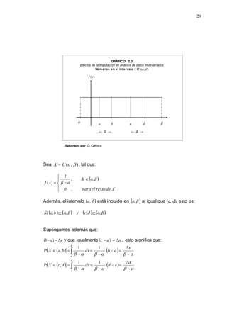 29
GRÁFICO 2.3
Efectos de la Imputación en análisis de datos multivariados
Números en el intervalo X Є )
,
( 

Sea X ~ )
,
( 

U , tal que:
 








X
de
resto
el
para
,
0
β
α,
X
,
α
β
1
x
f )
(
Además, el intervalo (a, b) está incluido en  
β
α, al igual que (c, d), esto es:
       
β
α,
d
c,
y
β
α,
b
a,
Si 

Supongamos además que:
x
a
b 

 )
( y que igualmente x
d
c 

 )
( , esto significa que:
 
   
 
   
































x
c
d
dx
d
c
X
x
a
b
dx
b
a
X
d
c
b
a
1
1
,
P
1
1
,
P
b
a c d β

← Δ → ← Δ →
)
(x
f
Elaborado por: G. Cuenca
 