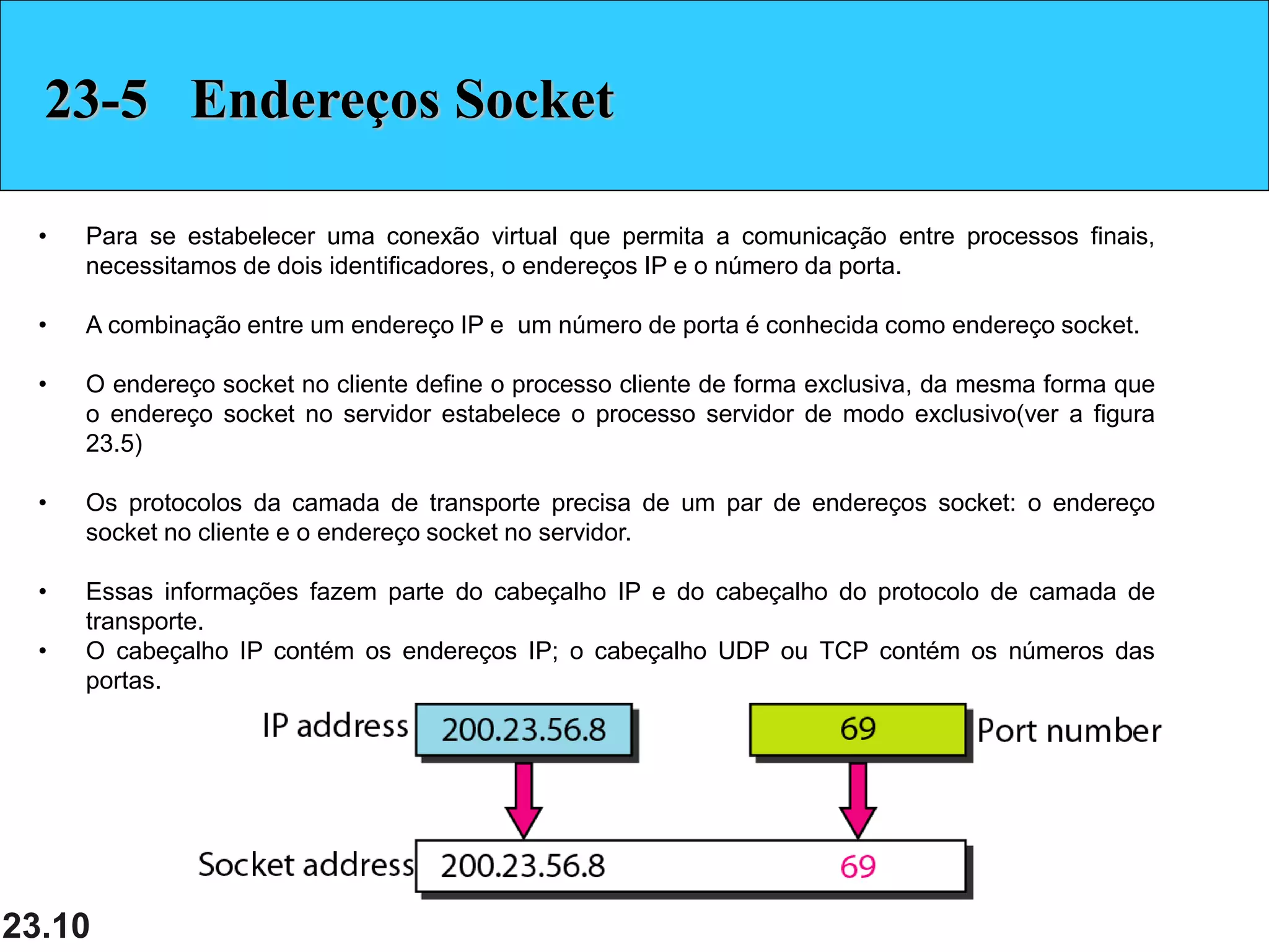 23.10
23-5 Endereços Socket
• Para se estabelecer uma conexão virtual que permita a comunicação entre processos finais,
necessitamos de dois identificadores, o endereços IP e o número da porta.
• A combinação entre um endereço IP e um número de porta é conhecida como endereço socket.
• O endereço socket no cliente define o processo cliente de forma exclusiva, da mesma forma que
o endereço socket no servidor estabelece o processo servidor de modo exclusivo(ver a figura
23.5)
• Os protocolos da camada de transporte precisa de um par de endereços socket: o endereço
socket no cliente e o endereço socket no servidor.
• Essas informações fazem parte do cabeçalho IP e do cabeçalho do protocolo de camada de
transporte.
• O cabeçalho IP contém os endereços IP; o cabeçalho UDP ou TCP contém os números das
portas.
 
