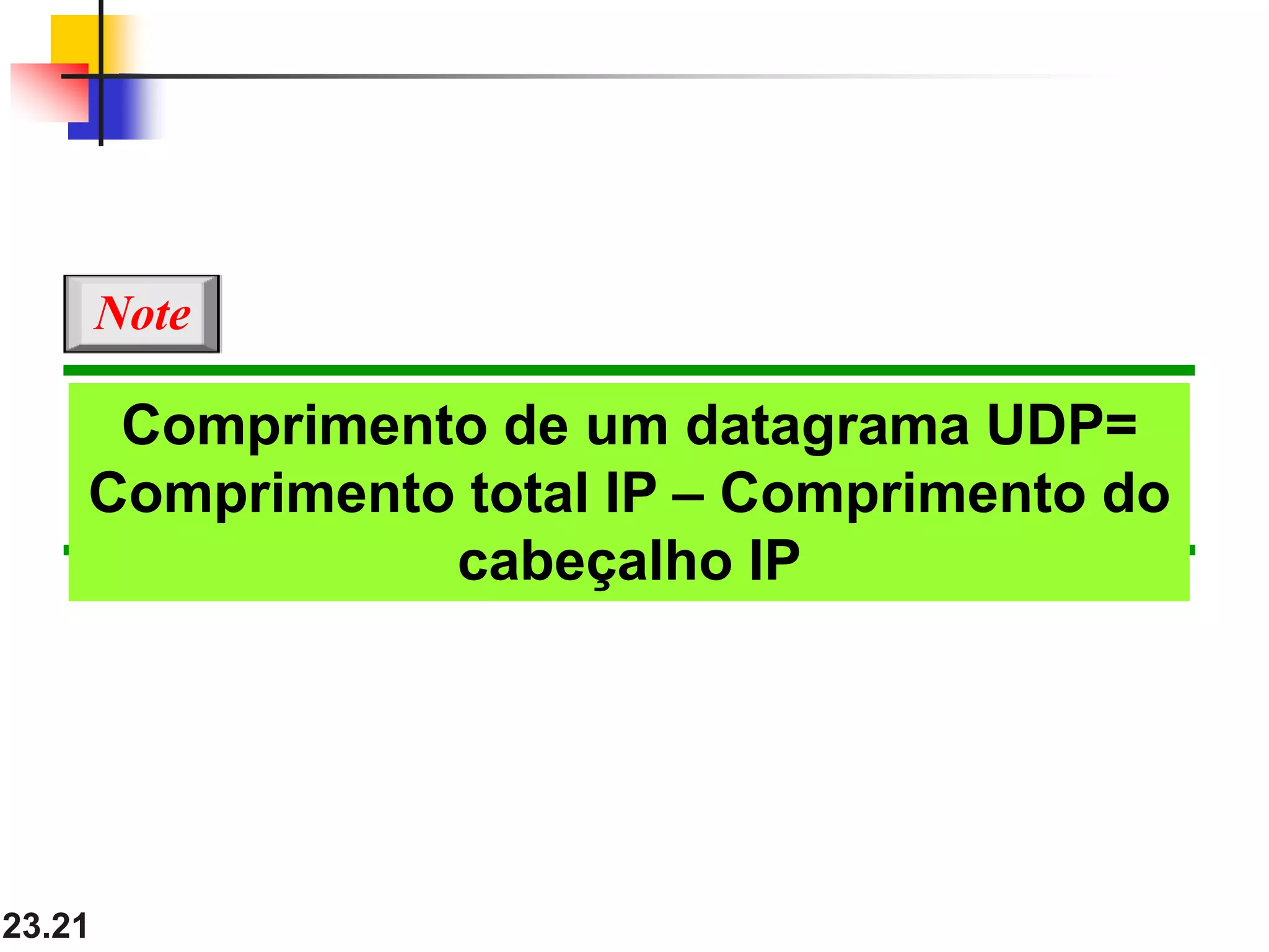 23.21
Comprimento de um datagrama UDP=
Comprimento total IP – Comprimento do
cabeçalho IP
Note
 