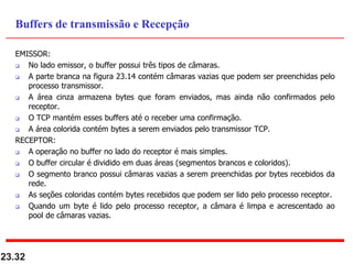 EMISSOR:
 No lado emissor, o buffer possui três tipos de câmaras.
 A parte branca na figura 23.14 contém câmaras vazias que podem ser preenchidas pelo
processo transmissor.
 A área cinza armazena bytes que foram enviados, mas ainda não confirmados pelo
receptor.
 O TCP mantém esses buffers até o receber uma confirmação.
 A área colorida contém bytes a serem enviados pelo transmissor TCP.
RECEPTOR:
 A operação no buffer no lado do receptor é mais simples.
 O buffer circular é dividido em duas áreas (segmentos brancos e coloridos).
 O segmento branco possui câmaras vazias a serem preenchidas por bytes recebidos da
rede.
 As seções coloridas contém bytes recebidos que podem ser lido pelo processo receptor.
 Quando um byte é lido pelo processo receptor, a câmara é limpa e acrescentado ao
pool de câmaras vazias.
23.32
Buffers de transmissão e Recepção
 