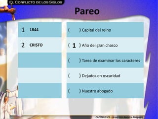 CAPÍTULO 25 – Jesucristo Nuestro Abogado
Pareo
1 1844 ( ) Capital del reino
2 CRISTO ( ) Año del gran chasco
( ) Tarea de examinar los caracteres
( ) Dejados en oscuridad
( ) Nuestro abogado
1
 