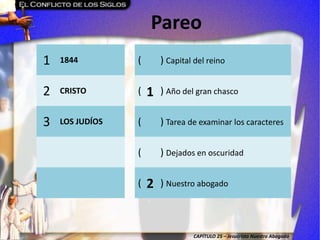 CAPÍTULO 25 – Jesucristo Nuestro Abogado
Pareo
1 1844 ( ) Capital del reino
2 CRISTO ( ) Año del gran chasco
3 LOS JUDÍOS ( ) Tarea de examinar los caracteres
( ) Dejados en oscuridad
( ) Nuestro abogado
1
2
 