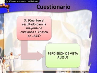 CAPÍTULO 25 – Jesucristo Nuestro Abogado
Cuestionario
3. ¿Cuál fue el
resultado para la
mayoría de
cristianos el chasco
de 1844?
PERDIERON DE VISTA
A JESÚS
 