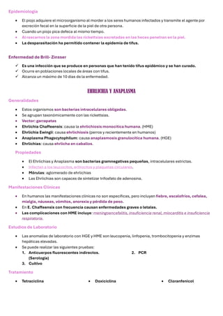 Epidemiología
• El piojo adquiere el microorganismo al morder a los seres humanos infectados y transmite el agente por
excreción fecal en la superficie de la piel de otra persona.
• Cuando un piojo pica defeca al mismo tiempo.
• Al rascarnos la zona mordida las rickettsias excretadas en las heces penetran en la piel.
• La desparasitación ha permitido contener la epidemia de tifus.
Enfermedad de Brill- Zinsser
✓ Es una infección que se produce en personas que han tenido tifus epidémico y se han curado.
✓ Ocurre en poblaciones locales de áreas con tifus.
✓ Alcanza un máximo de 10 días de la enfermedad.
EHRLICHIA Y ANAPLASMA
Generalidades
• Estos organismos son bacterias intracelulares obligadas.
• Se agrupan taxonómicamente con las rickettsias.
• Vector: garrapatas
• Ehrlichia Chaffeensis: causa la ehrlichiosis monocitica humana. (HME)
• Ehrlichia Ewingii: causa ehrlichiosis (perros y recientemente en humanos)
• Anaplasma Phagocytophilum: causa anaplasmosis granulocítica humana. (HGE)
• Ehrlichias: causa ehrlicha en caballos.
Propiedades
• El Ehrlichias y Anaplasma son bacterias gramnegativas pequeñas, intracelulares estrictas.
• Infectan a los leucocitos, eritrocitos y plaquetas circulares.
• Mórulas: aglomerado de ehrlichias
• Las Ehrlichias son capaces de sintetizar trifosfato de adenosina.
Manifestaciones Clínicas
• En humanos las manifestaciones clínicas no son específicas, pero incluyen fiebre, escalofríos, cefalea,
mialgia, náuseas, vómitos, anorexia y pérdida de peso.
• En E. Chaffeensis con frecuencia causan enfermedades graves o letales.
• Las complicaciones con HME incluye: meningoencefalitis, insuficiencia renal, miocarditis e insuficiencia
respiratoria.
Estudios de Laboratorio
• Las anomalías de laboratorio con HGE y HME son leucopenia, linfopenia, trombocitopenia y enzimas
hepáticas elevadas.
• Se puede realizar las siguientes pruebas:
1. Anticuerpos fluorescentes indirectos.
(Serología)
2. PCR
3. Cultivo
Tratamiento
• Tetraciclina • Doxiciclina • Cloranfenicol
 