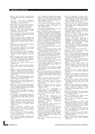 29.108 REFERENCIAS ENCICLOPEDIA DE SALUD Y SEGURIDAD EN EL TRABAJO
HERRAMIENTAS Y ENFOQUES
Hosni, DE. 1988. The transfer of microelectronics
technology to the third world. Tech Manage Pub TM
1:391-3997.
Hsu, S-H, Y Peng. 1993. Control/display
relationship of the four-burner stove: A
reexamination. Hum Factors 35:745-749.
Jastrzebowski, W. 1857. Rys ergonomiji czyli Nauki o
Pracy, opartej naprawdach poczerpnietych z
Nauki Przyrody. Przyoda i Przemysl 29:227-231.
Jeanneret, PR. 1980. Equitable job evaluation and
classification with the Position Analysis
Questionnaire. Compens Rev 1:32-42.
Jürgens, HW, IA Aune, U Pieper. 1990. International
data on anthropometry. Occupational Safety and
Health Series. Ginebra: OIT.
Kadefors, R. 1993. A model for assessment and
design of workplaces for manual welding. En The
Ergonomics of Manual Work, dirigido por WS Marras,
W Karwowski y L Pacholski. Londres: Taylor &
Francis.
Kahneman, D. 1973. Attention and Effort. Englewood
Cliffs, Nueva Jersey: Prentice Hall.
Karhu, O, P Kansi, I Kuorinka. 1977. Correcting
working postures in industry: A practical method
for analysis. Appl Ergon 8:199-201.
Karhu, O, R Harkonen, P Sorvali, P Vepsalainen.
1981. Observing working postures in industry:
Examples of OWAS application. Appl Ergon
12:13-17.
Kedia, BL, RS Bhagat. 1988. Cultural constraints on
transfer of technology across nations: Implications
for research in international and comparative
management. Acad Manage Rev 13:559-571.
Keesing, RM. 1974. Theories of culture. Annu Rev
Anthropol 3:73-79.
Kepenne, P. 1984. La charge de travail dans une unité de
soins de médecine. Mémoire. Liège: Universidad de
Liège.
Kerguelen, A. 1986. L’observation systématique en
ergonomie: Élaboration d’un logiciel d’aide au
recueil et à l’analyse des données. Tesis doctoral
sobre Ergonomía, Conservatoire National des Arts
et Métiers, París.
Ketchum, L. 1984. Sociotechnical design in a third
world country: The railway maintenance depot at
Sennar in Sudan. Hum Relat 37:135-154.
Keyserling, WM. 1986. A computer-aided system to
evaluate postural stress in the workplace. Am Ind
Hyg Assoc J 47:641-649.
Kingsley, PR. 1983. Technological development:
Issues, roles and orientation for social psychology.
En Social Psychology and Developing Countries, dirigido
por Blacker. Nueva York: Wiley.
Kinney, JS, BM Huey. 1990. Application Principles for
Multicolored Displays. Washington, DC: National
Academy Press.
Kivi, P, M Mattila. 1991. Analysis and improvement
of work postures in building industry: Application
of the computerized OWAS method. Appl Ergon
22:43-48.
Knauth, P, J Rutenfranz. 1981. Duration of sleep
related to the type of shift work, en Night and
shiftwork: biological and social aspects, dirigido por A
Reinberg, N Vieux y P Andlauer. Oxford
Pergamon Press.
Knauth, P, W Rohmert, J Rutenfranz. 1979.
Systemic selection of shift plans for continuous
production with the aid of work-physiological
criteria. Appl Ergon 10(1):9-15.
Kogi, K, JE Thurman. 1993. Trends in approaches
to night and shiftwork and new international
standards. Ergonomics 36:3-13.
Kogi, K. 1982. Sleep problems in night and shift
work. II. Shiftwork: Its practice and improvement .
J Hum Ergol:217-231.
—. 1981. Comparison of resting conditions between
various shift rotation systems for industrial
workers, en Night and shift work. Biological and social
aspects, dirigido por A Reinberg, N Vieux y P
Andlauer. Oxford: Pergamon.
—. 1985. Introduction to the problems of shiftwork.
En Hours of Work: Temporal Factors in
Work-Scheduling, dirigido por S Folkard y TH
Monk. Chichester: Wiley.
—. 1991. Job content and working time: The scope
for joint change. Ergonomics 34:757-773.
Köhler, C, M von Behr, H Hirsch-Kreinsen, B Lutz,
C Nuber, R Schultz-Wild. 1989. Alternativen der
Gestaltung von Arbeits- und Personalstrukturen
bei rechnerintegrierter Fertigung. En Strategische
Optionen der Organisations- und Personalentwicklung bei
CIM Forschungsbericht KfK-PFT 148, dirigido por
Institut für Sozialwissenschaftliche Forschung.
Karlsruhe: Projektträgerschaft Fertigungstechnik.
Koller, M. 1983. Health risks related to shift work.
An example of time-contingent effects of long-term
stress. Int Arch Occ Env Health 53:59-75.
Konz, S. 1990. Workstation organization and design.
Ergonomics 32:795-811.
Kroeber, AL, C Kluckhohn. 1952. Culture, a critical
review of concepts and definitions. En Papers of the
Peabody Museum. Boston: Univ. de Harvard.
Kroemer, KHE, HB Kroemer, KE Kroemer-Elbert.
1994. Ergonomics: How to Design for Ease and Efficiency.
Englewood Cliffs, Nueva Jersey: Prentice Hall.
Kroemer, KHE. 1993. Operation of ternary chorded
keys. Int J Hum Comput Interact 5:267-288.
—. 1994a. Locating the computer screen: How high,
how far? Ergonomics in Design (enero):40.
—. 1994b. Alternative keyboards. En Proceedings of the
Fourth International Scientific Conference WWDU ‘94.
Milán: Univ. de Milán.
—. 1995. Ergonomics. En Fundamentals of Industrial
Hygiene, dirigido por BA Ploog. Chicago: National
Safety Council.
Kwon, KS, SY Lee, BH Ahn. 1993. An approach to
fuzzy expert systems for product colour design. En
The Ergonomics of Manual Work, dirigido por Maras,
Karwowski, Smith y Pacholski. Londres: Taylor &
Francis.
Lacoste, M. 1983. Des situations de parole aux
activités interprétives. Psychol Franç 28:231-238.
Landau, K, W Rohmert. 1981. AET-A New Job
Analysis Method. Detroit, Michigan: Conferencia
Anual de la AIIE.
Laurig, W, V Rombach. 1989. Expert systems in
ergonomics: Requirements and an approach.
Ergonomics 32:795-811.
Laurig, W. 1970. Elektromyographie als
arbeitswissenschaftliche Untersuchungsmethode zur
Beurteilung von statischer Muskelarbeit. Berlín: Beuth.
—. 1974. Beurteilung einseitig dynamischer Muskelarbeit.
Berlín: Beuth.
—. 1981. Belastung, Beanspruchung und
Erholungszeit bei energetisch-muskulärer
Arbeit—Literaturexpertise. In Forschungsbericht Nr.
272 der Bundesanstalt für Arbeitsschutz und
Unfallforschung Dortmund. Bremerhaven:
Wirtschaftsverlag NW.
—. 1992. Grundzüge der Ergonomie. Erkenntnisse und
Prinzipien. Berlín, Köln: Beuth Verlag.
Leach, ER. 1965. Culture and social cohesion: An
anthropologist’s view. En Science and Culture,
dirigido por Holten. Boston: Houghton Mifflin.
Leana, CR, EA Locke, DM Schweiger. 1990. Fact
and fiction in analyzing research on participative
decision making: A critique of Cotton, Vollrath,
Froggatt, Lengnick-Hall, and Jennings. Acad
Manage Rev 15:137-146.
Lewin, K. 1951. Field Theory in Social Science. Nueva
York: Harper.
Liker, JK, M Nagamachi, YR Lifshitz. 1988. A
Comparitive Analysis of Participatory Programs in US and
Japan Manufacturing Plants. Ann Arbor, Michigan:
Univ. de Michigan, Center for Ergonomics,
Industrial and Operational Engineering.
Lillrank, B, N Kano. 1989. Continuous Improvement:
Quality Control Circles in Japanese Industries. Ann
Arbor, Michigan: Univ. de Michigan, Center for
Japanese Studies.
Locke, EA, DM Schweiger. 1979. Participation in
decision making: One more look. En Research in
Organizational Behavior, dirigido por BM Staw.
Greenwich, Connecticut: JAI Press.
Louhevaara, V, T Hakola, H Ollila. 1990. Physical
work and strain involved in manual sorting of
postal parcels. Ergonomics 33:1115-1130.
Luczak, H. 1982. Belastung, Beanspruchung und
Erholungszeit bei informatorisch- mentaler Arbeit —
Literaturexpertise. Forschungsbericht der Bundesanstalt für
Arbeitsschutz und Unfallforschung Dortmund.
Bremerhaven: Wirtschaftsverlag NW.
—. 1983. Ermüdung. En Praktische Arbeitsphysiologie,
dirigido por W Rohmert y J Rutenfranz. Stuttgart:
Georg Thieme Verlag.
—. 1993. Arbeitswissenschaft. Berlín: Springer Verlag.
Majchrzak, A. 1988. The Human Side of Factory
Automation. San Francisco: Jossey-Bass.
Martin, T, J Kivinen, JE Rijnsdorp, MG Rodd, WB
Rouse. 1991. Appropriate automation-integrating
technical, human, organization, economic and
cultural factors. Automatica 27:901-917.
Matsumoto, K, M Harada. 1994. The effect of
night-time naps on recovery from fatigue following
night work. Ergonomics 37:899-907.
Matthews, R. 1982. Divergent conditions in the
technological development of India and Japan. Lund
Letters on Technology and Culture, No. 4. Lund:
Univ. de Lund, Instituto de Política de
Investigación.
McCormick, EJ. 1979. Job Analysis: Methods and
Applications. Nueva York: American Management
Association.
McIntosh, DJ. 1994. Integration of VDUs into the
US office work environment. En Proceedings of the
Fourth International Conference WWDU ‘94. Milán:
Univ. de Milán.
McWhinney. 1990. The Power of Myth in Planning and
Organizational Change, 1989 IEEE Technics, Culture
and Consequences. Torrence, California: IEEE Los
Angeles Council.
Meshkati, N. 1989. An etiological investigation of
micro and macroergonomics factors in the Bhopal
disaster: Lessons for industries of both
industrialized and developing countries. Int J Ind
Erg 4:161-175.
Minors, DS, JM Waterhouse. 1981. Anchor sleep as
a synchronizer of rhythms on abnormal routines.
Int J Chronobiology: 165-188.
Mital, A, W Karwowski. 1991. Advances in Human
Factors/Ergonomics. Amsterdam: Elsevier.
Monk, TH. 1991. Sleep, Sleepiness and Performance.
Chichester: Wiley.
Moray, N, PM Sanderson, K Vincente. 1989.
Cognitive task analysis for a team in a complex
work domain: A case study. Actas del 2º Congreso
europeo sobre los enfoques de la ciencia cognitiva
al control de procesos, Siena, Italia.
Morgan, CT, A Chapanis, JS III Cork, MW Lund.
1963. Human Engineering Guide to Equipment Design.
Nueva York: McGraw-Hill.
Mossholder, KW, RD Arvey. 1984. Synthetic
validity: A conceptual and comparative review. J
Appl Psychol 69:322-333.
Mumford, E, Henshall. 1979. A Participative Approach to
Computer Systems Design. Londres: Associated
Business Press.
 