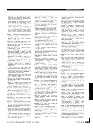 ENCICLOPEDIA DE SALUD Y SEGURIDAD EN EL TRABAJO 29.109 REFERENCIAS 29.109
HERRAMIENTAS Y ENFOQUES
29.
ERGONOMIA
Nagamachi, M. 1992. Pleasantness and Kansei
engineering. En Measurement Standards. Taejon,
Corea: Instituto Coreano de Investigación de
Normas y Publicaciones Científicas.
National Institute for Occupational Safety and
Health (NIOSH). 1981. Work Practices Guide for
Manual Lifting. Cincinnati, Ohio: US Department
of Health and Human Services.
—. 1990. OSHA Instruction CPL 2.85: Directorate of
Compliance Programs: Appendix C, Guidelines Auggested
By NIOSH for Videotape Evaluation of Work Station for
Upper Extremities Cumulative Trauma Disorders.
Washington, DC: US Department of Health and
Human Services.
Navarro, C. 1990. Functional communication and
problem-solving in a bus traffic-regulation task.
Psychol Rep 67:403-409.
Negandhi, ART. 1975. Modern Organizational
Behaviour. Kent: Kent Univ..
Nisbett, RE, TD De Camp Wilson. 1977. Telling
more than we know. Psychol Rev 84:231-259.
Norman, DA. 1993. Things That Make Us Smart.
Reading: Addison-Wesley.
Noro, K, AS Imada. 1991. Participatory Ergonomics.
Londres: Taylor & Francis.
O’Donnell, RD, FT Eggemeier. 1986. Work load
assessment methodology. En Handbook of Perception
and Human Performance. Cognitive Processes and
Performance, dirigido por K Boff, L Kaufman y JP
Thomas. NuevaYork: Wiley.
Organización de las Naciones Unidas para la
Educación, la Ciencia y la Cultura (UNESCO).
1992. Ergonomics Impact of Science on Society. Vol. 165.
Londres: Taylor & Francis.
Organización Internacional de Normalización (ISO).
1980. Draft Proposal for Core List of Anthropometric
Measurements ISO/TC 159/SC 3 N 28 DP 7250.
Ginebra: ISO.
—. 1996. ISO/DIS 7250 Basic Human Body
Measurements for Technological Design. Ginebra: ISO.
Organización Internacional del Trabajo (OIT).
1990.The hours we work: new work schedules in
policy and practice. Cond Wor Dig 9.
Organización Japonesa para la Promoción del
Diseño Industrial (JIDPO). 1990. Good Design
Products 1989. Tokio: JIDPO.
Pagels, HR. 1984. Computer culture: The scientific,
intellectual and social impact of the computer. Ann
NY Acad Sci :426.
Persson, J, Å Kilbom. 1983. VIRA—En Enkel
Videofilmteknik För Registrering OchAnalys Av
Arbetsställningar Och—Rörelser. Solna, Suecia:
Undersökningsrapport,Arbetraskyddsstyrelsen.
Pham, DT, HH Onder. 1992. A knowledge-based
system for optimizing workplace layouts using a
genetic algorithm. Ergonomics 35:1479-1487.
Pheasant, S. 1986. Bodyspace, Anthropometry, Ergonomics
and Design. Londres: Taylor & Francis.
Poole, CJM. 1993. Seamstress’ finger. Brit J Ind Med
50:668-669.
Putz-Anderson, V. 1988. Cumulative Trauma Disorders.
A Manual for Musculoskeletal Diseases of the Upper
Limbs. Londres: Taylor & Francis.
Rasmussen, J, A Pejtersen, K Schmidts. 1990. En
Taxonomy for Analysis of Work Domains. Proceedings of
the First MOHAWC Workshop, dirigido por B
Brehmer, M de Montmollin y J Leplat. Roskilde:
Riso National Laboratory.
Rasmussen, J. 1983. Skills, rules, and knowledge:
Sinds, signs, symbols and other distinctions in
human performance models. IEEE T Syst Man Cyb
13:257-266.
—. 1986. A framework for cognitive task analysis in
systems design. In Intelligent Decision Support in Process
Environments, dirigido por E Hollnagel, G Mancini
y DD Woods. Berlín: Springer.
Reason, J. 1989. Human Error. Cambridge: CUP.
Rebiffé, R, O Zayana, C Tarrière. 1969.
Détermination des zones optimales pour
l’emplacement des commandes manuelles dans
l’espace de travail. Ergonomics 12:913-924.
Régie nationale des usines Renault (RNUR). 1976.
Les profils de poste: Methode d’analyse des conditions de
travail. París: Masson-Sirtes.
Rogalski, J. 1991. Distributed decision making in
emergency management: Using a method as a
framework for analysing cooperative work and as a
decision aid. En Distributed Decision Making. Cognitive
Models for Cooperative Work, dirigido por J
Rasmussen, B Brehmer y J Leplat. Chichester:
Wiley.
Rohmert, W, K Landau. 1985. A New Technique of Job
Analysis. Londres: Taylor & Francis.
Rohmert, W. 1962. Untersuchungen über Muskelermüdung
und Arbeitsgestaltung. Berna: Beuth-Vertrieb.
—. 1973. Problems in determining rest allowances.
Part I: Use of modern methods to evaluate stress
and strain in static muscular work. Appl Ergon
4(2):91-95.
—. 1984. Das Belastungs-Beanspruchungs-Konzept.
Z Arb wiss 38:193-200.
Rolland, C. 1986. Introduction à la conception des
systèmes d’information et panorama des méthodes
disponibles. Génie Logiciel 4:6-11.
Roth, EM, DD Woods. 1988. Aiding human
performance. I. Cognitive analysis. Travail Hum
51:39-54.
Rudolph, E, E Schönfelder, W Hacker. 1987.
Tätigkeitsbewertungssystem für geistige arbeit mit und ohne
Rechnerunterstützung (TBS-GA). Berlín:
Psychodiagnostisches Zentrum der
Humboldt-Universität.
Rutenfranz, J, J Ilmarinen, F Klimmer, H Kylian.
1990. Work load and demanded physical
performance capacity under different industrial
working conditions. En Fitness for Aged, Disabled, and
Industrial Workers, dirigido por M Kaneko.
Champaign, Illinois: Human Kinetics Books.
Rutenfranz, J, P Knauth, D Angersbach. 1981. Shift
work research issues. En Biological Rhythms, Sleep and
Shift Work, dirigido por LC Johnson, DI Tepas,
WP Colquhoun y MJ Colligan. Nueva York:
Spectrum Publications Medical and Scientific
Books.
Rutenfranz, J. 1982. Occupational health measures
for night- and shiftworkers. II. Shiftwork: Its
practice and improvement. J Hum Ergol:67-86.
Saito, Y, K Matsumoto. 1988. Variations of
physiological functions and psychological measures
and their relationship on delayed shift of sleeping
time. Jap J Ind Health 30:196-205.
Sakai, K, A Watanabe, N Onishi, H Shindo, K
Kimotsuki, H Saito, K Kogl. 1984. Conditions of
night naps effective to facilitate recovery from
night work fatigue. J Sci Lab 60: 451-478.
Savage, CM, D Appleton. 1988. CIM and Fifth
Generation Management. Dearborn: CASA/SME
Technical Council.
Savoyant, A, J Leplat. 1983. Statut et fonction des
communications dans l’activité des équipes de
travail. Psychol Franç 28:247-253.
Scarbrough, H, JM Corbett. 1992. Technology and
Organization. Londres: Routledge.
Schmidtke, H. 1965. Die Ermüdung. Berna: Huber.
—. 1971. Untersuchungen über den Erholunggszeitbedarf bei
verschiedenen Arten gewerblicher Tätigkeit. Berlín:
Beuth-Vertrieb.
Sen, RN. 1984. Application of ergonomics to
industrially developing countries. Ergonomics
27:1021-1032.
Sergean, R. 1971. Managing Shiftwork. Londres:
Gower Press.
Sethi, AA, DHJ Caro, RS Schuler. 1987. Strategic
Management of Technostress in an Information Society.
Lewiston: Hogrefe.
Shackel, B. 1986. Ergonomics in design for usability.
En People and Computer: Design for Usability, dirigido
por MD Harrison y AF Monk. Cambridge:
Cambridge Univ. Press.
Shahnavaz, H, J Abeysekera, A Johansson. 1993.
Solving multi-factorial work-environment
problems through participatory ergonomics: Case
study: VDT operators. En Ergonomics of Manual
Work, dirigido por E Williams, S Marrs, W
Karwowski, JL Smith y L Pacholski. Londres:
Taylor & Francis.
Shahnavaz, H. 1991. Transfer of Technology to
Industrially Developing Countries and Human Factors
Consideration TULEÅ 1991: 22, 23024. Univ. de
Luleå, Luleå, Suecia: Centro de Ergonomía de los
Países Subdesarrollados.
Shaw, JB, JH Riskind. 1983. Predicting job stress
using data from the Position Analysis
Questionnaire (PAQ). J Appl Psychol 68:253-261.
Shugaar, A. 1990. Ecodesign: New products for a
greener culture. Int Herald Trib, 17.
Sinaiko, WH. 1975. Verbal factors in human
engineering: Some cultural and psychological data.
En Ethnic Variables in Human Factors Engineering,
dirigido por A Chapanis. Baltimore: Johns
Hopkins Univ..
Singleton, WT. 1982. The Body At Work. Cambridge:
CUP.
Snyder, HL. 1985a. Image quality: Measures and
visual performance. En Flat Panel Displays and
CRTs, dirigido por LE Tannas. Nueva York: Van
Nostrand Reinhold.
—. 1985b. The visual system: Capabilities and
limitations. En Flat Panel Displays and CRTs,
dirigido por LE Tannas. Nueva York: Van
Nostrand Reinhold.
Solomon, CM. 1989. The corporate response to
work force diversity. Pers J 68:42-53.
Sparke, P. 1987. Modern Japanese Design. Nueva York:
EP Dutton.
Sperandio, JC. 1972. Charge de travail et régulation
des processus opératoires. Travail Hum 35:85-98.
Sperling, L, S Dahlman, L Wikström, A Kilbom,
R Kadefors. 1993. A cube model for the
classification of work with hand tools and the
formulation of functional requirements. Appl Ergon
34:203-211.
Spinas, P. 1989. User oriented software development
and dialogue design. En Work With Computers:
Organizational, Management, Stress and Health Aspects,
dirigido por MJ Smith y G Salvendy. Amsterdam:
Elsevier.
Staramler, JH. 1993. The Dictionary of Human Factors
Ergonomics. Boca Raton: CRC Press.
Strohm, O, P Troxler, E Ulich. 1994. Vorschlag für die
Restrukturierung eines Produktionsbetriebes. Zurich:
Institut für Arbietspsychologie der ETH.
Strohm, O, JK Kuark, A Schilling. 1993.
Integrierte Produktion: Arbeitspsychologische
Konzepte und empirische Befunde, Schriftenreihe
Mensch, Technik, Organisation. En
CIM—Herausforderung an Mensch, Technik,
Organisation, dirigido por G Cyranek y E Ulich.
Stuttgart, Zurich: Verlag der Fachvereine.
Sullivan, LP. 1986. Quality function deployment: A
system to assure that customer needs drive the
product design and production process. Quality
Progr :39-50.
Sundin, A, J Laring, J Bäck, G Nengtsson, R
Kadefors. 1994. An Ambulatory Workplace for Manual
Welding: Productivity through Ergonomics. Manuscript.
Göteborg: Lindholmen Development.
Tardieu, H, D Nanci, D Pascot. 1985. Conception d’un
système d’information. París: Editions d’Organisation.
 
