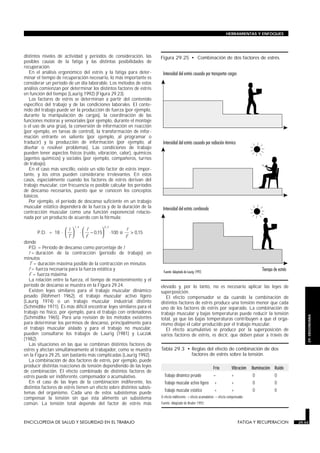 distintos niveles de actividad y períodos de consideración, las
posibles causas de la fatiga y las distintas posibilidades de
recuperación.
En el análisis ergonómico del estrés y la fatiga para deter-
minar el tiempo de recuperación necesario, lo más importante es
considerar un período de un día laborable. Los métodos de estos
análisis comienzan por determinar los distintos factores de estrés
en función del tiempo (Laurig 1992) (Figura 29.23).
Los factores de estrés se determinan a partir del contenido
específico del trabajo y de las condiciones laborales. El conte-
nido del trabajo puede ser la producción de fuerza (por ejemplo,
durante la manipulación de cargas), la coordinación de las
funciones motoras y sensoriales (por ejemplo, durante el montaje
o el uso de una grúa), la conversión de información en reacción
(por ejemplo, en tareas de control), la transformación de infor-
mación entrante en saliente (por ejemplo, al programar o
traducir) y la producción de información (por ejemplo, al
diseñar o resolver problemas). Las condiciones de trabajo
pueden tener aspectos físicos (ruido, vibración, calor), químicos
(agentes químicos) y sociales (por ejemplo, compañeros, turnos
de trabajo).
En el caso más sencillo, existe un sólo factor de estrés impor-
tante, y los otros pueden considerarse irrelevantes. En estos
casos, especialmente cuando los factores de estrés derivan del
trabajo muscular, con frecuencia es posible calcular los períodos
de descanso necesarios, puesto que se conocen los conceptos
básicos.
Por ejemplo, el período de descanso suficiente en un trabajo
muscular estático dependerá de la fuerza y de la duración de la
contracción muscular como una función exponencial relacio-
nada por un producto de acuerdo con la fórmula:
P.D. = 18 si
⋅





 ⋅ −





 ⋅
t
T
f
F
f
F
1 4 0 5
0 15 100
, ,
, > 0 15
,
donde
P.D. = Período de descanso como porcentaje de t
t = duración de la contracción (período de trabajo) en
minutos
T = duración máxima posible de la contracción en minutos
f = fuerza necesaria para la fuerza estática y
F = fuerza máxima
La relación entre la fuerza, el tiempo de mantenimiento y el
período de descanso se muestra en la Figura 29.24.
Existen leyes similares para el trabajo muscular dinámico
pesado (Rohmert 1962), el trabajo muscular activo ligero
(Laurig 1974) o un trabajo muscular industrial distinto
(Schmidtke 1971). Es más difícil encontrar leyes similares para el
trabajo no físico, por ejemplo, para el trabajo con ordenadores
(Schmidtke 1965). Para una revisión de los métodos existentes
para determinar los permisos de descanso, principalmente para
el trabajo muscular aislado y para el trabajo no muscular,
pueden consultarse los trabajos de Laurig (1981) y Luczak
(1982).
Las situaciones en las que se combinan distintos factores de
estrés y afectan simultáneamente al trabajador, como se muestra
en la Figura 29.25, son bastante más complicadas (Laurig 1992).
La combinación de dos factores de estrés, por ejemplo, puede
producir distintas reacciones de tensión dependiendo de las leyes
de combinación. El efecto combinado de distintos factores de
estrés puede ser indiferente, compensador o acumulativo.
En el caso de las leyes de la combinación indiferente, los
distintos factores de estrés tienen un efecto sobre distintos subsis-
temas del organismo. Cada uno de estos subsistemas puede
compensar la tensión sin que ésta alimente un subsistema
común. La tensión total depende del factor de estrés más
elevado y, por lo tanto, no es necesario aplicar las leyes de
superposición.
El efecto compensador se da cuando la combinación de
distintos factores de estrés produce una tensión menor que cada
uno de los factores de estrés por separado. La combinación de
trabajo muscular y bajas temperaturas puede reducir la tensión
total, ya que las bajas temperaturas contribuyen a que el orga-
nismo disipe el calor producido por el trabajo muscular.
El efecto acumulativo se produce por la superposición de
varios factores de estrés, es decir, que deben pasar a través de
ENCICLOPEDIA DE SALUD Y SEGURIDAD EN EL TRABAJO 29.43 FATIGA Y RECUPERACION 29.43
HERRAMIENTAS Y ENFOQUES
29.
ERGONOMIA
Frío Vibración Iluminación Ruido
Trabajo dinámico pesado – + O O
Trabajo muscular activo ligero + + O O
Trabajo muscular estático + + O 0
O efecto indiferente; + efecto acumulativo; – efecto compensador.
Fuente: Adaptado de Bruder 1993.
Tabla 29.3 • Reglas del efecto de combinación de dos
factores de estrés sobre la tensión.
Figura 29.25 • Combinación de dos factores de estrés.
 