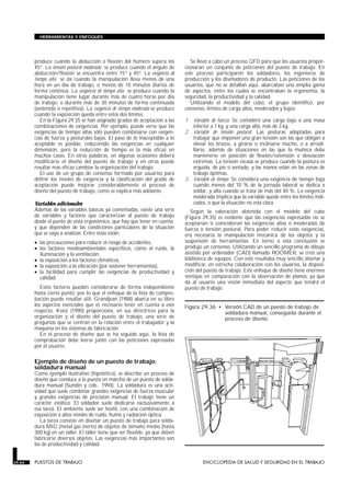 produce cuando la abducción o flexión del húmero supera los
45°. La tensión postural moderada se produce cuando el ángulo de
abducción/flexión se encuentra entre 15° y 45°. La exigencia de
tiempo alta se da cuando la manipulación lleva menos de una
hora en un día de trabajo, o menos de 10 minutos diarios de
forma continua. La exigencia de tiempo alta se produce cuando la
manipulación tiene lugar durante más de cuatro horas por día
de trabajo, o durante más de 30 minutos de forma continuada
(sostenida o repetitiva). La exigencia de tiempo moderada se produce
cuando la exposición queda entre estos dos límites.
En la Figura 29.35 se han asignado grados de aceptación a las
combinaciones de exigencias. Por ejemplo, puede verse que las
exigencias de tiempo altas sólo pueden combinarse con exigen-
cias de fuerza y posturales bajas. El paso de lo inaceptable a lo
aceptable es posible, reduciendo las exigencias en cualquier
dimensión, pero la reducción de tiempo es la más eficaz en
muchos casos. En otras palabras, en algunas ocasiones deberá
modificarse el diseño del puesto de trabajo y en otras puede
resultar más eficaz cambiar la organización del trabajo.
El uso de un grupo de consenso formado por usuarios para
definir los niveles de exigencia y la clasificación del grado de
aceptación puede mejorar considerablemente el proceso de
diseño del puesto de trabajo, como se explica más adelante.
Variables adicionales
Además de las variables básicas ya comentadas, existe una serie
de variables y factores que caracterizan al puesto de trabajo
desde el punto de vista ergonómico, que hay que tener en cuenta,
y que dependen de las condiciones particulares de la situación
que se vaya a analizar. Entre éstas están:
• las precauciones para reducir el riesgo de accidentes,
• los factores medioambientales específicos, como el ruido, la
iluminación y la ventilación,
• la exposición a los factores climáticos,
• la exposición a la vibración (por sostener herramientas),
• la facilidad para cumplir las exigencias de productividad y
calidad.
Estos factores pueden considerarse de forma independiente
hasta cierto punto; por lo que el enfoque de la lista de compro-
bación puede resultar útil. Grandjean (1988) abarca en su libro
los aspectos esenciales que es necesario tener en cuenta a este
respecto. Konz (1990) proporciona, en sus directrices para la
organización y el diseño del puesto de trabajo, una serie de
preguntas que se centran en la relación entre el trabajador y la
máquina en los sistemas de fabricación.
En el proceso de diseño que se ha seguido aquí, la lista de
comprobación debe leerse junto con las peticiones expresadas
por el usuario.
Ejemplo de diseño de un puesto de trabajo:
soldadura manual
Como ejemplo ilustrativo (hipotético), se describe un proceso de
diseño que conduce a la puesta en marcha de un puesto de solda-
dura manual (Sundin y cols.. 1994). La soldadura es una acti-
vidad que suele combinar grandes exigencias de fuerza muscular
y grandes exigencias de precisión manual. El trabajo tiene un
carácter estático. El soldador suele dedicarse exclusivamente a
esa tarea. El ambiente suele ser hostil, con una combinación de
exposición a altos niveles de ruido, humo y radiación óptica.
La tarea consiste en diseñar un puesto de trabajo para solda-
dura MIG (metal gas inerte) de objetos de tamaño medio (hasta
300 kg) en un taller. El taller tiene que ser flexible, ya que deben
fabricarse diversos objetos. Las exigencias más importantes son
las de productividad y calidad.
Se llevó a cabo un proceso QFD para que los usuarios propor-
cionaran un conjunto de peticiones del puesto de trabajo. En
este proceso participaron los soldadores, los ingenieros de
producción y los diseñadores de producto. Las peticiones de los
usuarios, que no se detallan aquí, abarcaban una amplia gama
de aspectos, entre los cuales se encontraban la ergonomía, la
seguridad, la productividad y la calidad.
Utilizando el modelo del cubo, el grupo identificó, por
consenso, límites de carga altos, moderados y bajos:
1. Variable de fuerza. Se consideró una carga baja a una masa
inferior a 1 kg, y una carga alta, más de 3 kg.
2. Variable de tensión postural. Las posturas adoptadas para
trabajar que imponen una gran tensión son las que obligan a
elevar los brazos, a girarse o inclinarse mucho, o a arrodi-
llarse, además de situaciones en las que la muñeca debe
mantenerse en posición de flexión/extensión o desviación
extremas. La tensión escasa se produce cuando la postura es
erguida, de pie o sentado, y las manos están en las zonas de
trabajo óptimas.
3. Variable de tiempo. Se considera una exigencia de tiempo baja
cuando menos del 10 % de la jornada laboral se dedica a
soldar, y alta cuando se trata de más del 40 %. La exigencia
moderada implica que la variable quede entre los límites indi-
cados, o que la situación no está clara.
Según la valoración obtenida con el modelo del cubo
(Figura 29.35) es evidente que las exigencias expresadas no se
aceptarían si coincidieran las exigencias altas o moderadas de
fuerza o tensión postural. Para poder reducir estas exigencias,
era necesaria la manipulación mecánica de los objetos y la
suspensión de herramientas. En torno a esta conclusión se
produjo un consenso. Utilizando un sencillo programa de dibujo
asistido por ordenador (CAD) llamado ROOMER, se creó una
biblioteca de equipos. Con esto resultaba muy sencillo diseñar y
modificar, en estrecha colaboración con los usuarios, la disposi-
ción del puesto de trabajo. Este enfoque de diseño tiene enormes
ventajas en comparación con la observación de planos, ya que
da al usuario una visión inmediata del aspecto que tendrá el
puesto de trabajo.
29.64 PUESTOS DE TRABAJO ENCICLOPEDIA DE SALUD Y SEGURIDAD EN EL TRABAJO
HERRAMIENTAS Y ENFOQUES
Figura 29.36 • Versión CAD de un puesto de trabajo de
soldadura manual, conseguida durante el
proceso de diseño.
 