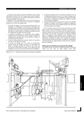 La Figura 29.36 muestra el puesto de soldadura al que se llegó
utilizando el sistema CAD. Es un puesto que reduce las exigen-
cias de fuerza y postura y que cumple prácticamente todos los
requisitos residuales de los usuarios.
Basándose en los resultados de las primeras fases del proceso
de diseño, se construyó físicamente un puesto de soldadura
(Figura 29.37). Entre sus ventajas están:
1. Se facilita el trabajo en la zona más adecuada gracias a un
dispositivo de manipulación controlado por ordenador para
los objetos que se sueldan. Hay un montacargas, situado por
encima del nivel de la cabeza, destinado al transporte. Como
alternativa, se puede utilizar un dispositivo elevador para que
la manipulación de objetos sea más sencilla.
2. La pistola de soldadura y la rectificadora están colgadas,
reduciendo así la necesidad de fuerza. Pueden colocarse en
cualquier parte del objeto que se está soldando. También se
ha incluido una silla especial.
3. Todos los medios proceden de la parte superior, lo que signi-
fica que no hay cables por el suelo.
4. El puesto de trabajo tiene tres niveles de iluminación:
general, puesto de trabajo y proceso. La iluminación del
puesto de trabajo procede de elevadores que están por
encima de los elementos de la pared. La luz de proceso está
integrada en el brazo de extracción de humo de la soldadura.
5. El puesto de trabajo tiene tres niveles de ventilación: uno en
el desplazamiento general y dos en el lugar de trabajo: uno
con un brazo movible y otro integrado en la pistola de solda-
dura MIG. La ventilación del puesto de trabajo se controla
con la pistola de soldadura.
6. Existen elementos para la absorción de ruido en tres paredes
del lugar de trabajo. Una cortina de soldadura transparente
cubre la cuarta pared. Así el soldador puede estar informado
de lo que sucede a su alrededor.
En una situación real es necesario hacer concesiones de varios
tipos, ya que existen limitaciones económicas, de espacio, etc.
Debe tenerse en cuenta, sin embargo, que los soldadores autori-
zados son difíciles de encontrar en el sector industrial mundial y
representan una inversión considerable. Casi ningún soldador
llega a la jubilación como soldador activo. Mantener en el
puesto a un soldador cualificado es positivo para todas las partes
implicadas: el soldador, la empresa y la sociedad. Por ejemplo,
hay muy buenas razones por las que un equipo de manipulación
y posicionamiento de objetos debería formar parte de cualquier
puesto de soldadura.
Datos para el diseño de un puesto de trabajo
Para poder diseñar un puesto de trabajo adecuado es necesario
contar con una serie de datos básicos como datos
ENCICLOPEDIA DE SALUD Y SEGURIDAD EN EL TRABAJO 29.65 PUESTOS DE TRABAJO 29.65
HERRAMIENTAS Y ENFOQUES
29.
ERGONOMIA
Figura 29.37 • Ejecución del puesto de trabajo de soldadura.
 