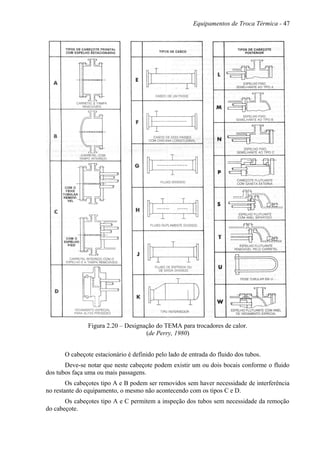 Equipamentos de Troca Térmica - 47
Figura 2.20 – Designação do TEMA para trocadores de calor.
(de Perry, 1980)
O cabeçote estacionário é definido pelo lado de entrada do fluido dos tubos.
Deve-se notar que neste cabeçote podem existir um ou dois bocais conforme o fluido
dos tubos faça uma ou mais passagens.
Os cabeçotes tipo A e B podem ser removidos sem haver necessidade de interferência
no restante do equipamento, o mesmo não acontecendo com os tipos C e D.
Os cabeçotes tipo A e C permitem a inspeção dos tubos sem necessidade da remoção
do cabeçote.
 