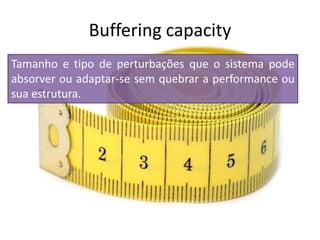 Tamanho e tipo de perturbações que o sistema pode
absorver ou adaptar-se sem quebrar a performance ou
sua estrutura.
Buffering capacity
 
