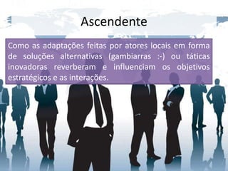Como as adaptações feitas por atores locais em forma
de soluções alternativas (gambiarras :-) ou táticas
inovadoras reverberam e influenciam os objetivos
estratégicos e as interações.
Ascendente
 