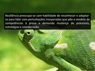 Resiliência preocupa-se com habilidade de reconhecer e adaptar-
se para lidar com perturbações inesperadas que põe o modelo de
competências à prova e demanda mudança de processos,
estratégias e coordenação.
 