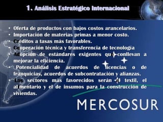 1. Análisis Estratégico Internacional
• Oferta de productos con bajos costos arancelarios.
• Importación de materias primas a menor costo.
• Créditos a tasas más favorables.
• Cooperación técnica y transferencia de tecnología
• Adopción de estándares exigentes que conllevan a
mejorar la eficiencia.
• Potencialidad de acuerdos de licencias o de
franquicias, acuerdos de subcontratación y alianzas.
• Los sectores más favorecidos serán el textil, el
alimentario y el de insumos para la construcción de
viviendas.
 
