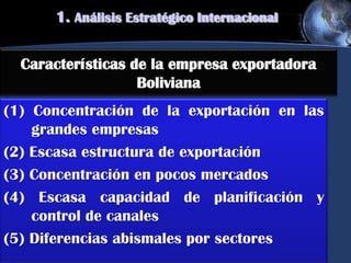 Características de la empresa exportadora
Boliviana
(1) Concentración de la exportación en las
grandes empresas
(2) Escasa estructura de exportación
(3) Concentración en pocos mercados
(4) Escasa capacidad de planificación y
control de canales
(5) Diferencias abismales por sectores
1. Análisis Estratégico Internacional
 