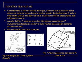 TENSÕES PRINCIPAIS
 Considerando o caso do ensaio de tração, notou-se que é possível achar
planos de corte do corpo de prova onde a tensão de cisalhamento é nula, e
que nestes planos a tensão normal é máxima ou mínima; estes planos são
ortogonais entre si.
 A partir da Fig. 7, pode-se encontrar três planos passando por P,
mutuamente ortogonais e onde τ é nulo. Nestes planos agem somente
tensões normais.
 Por convenção se indica: σ1≥σ2≥σ3
Fig. 7 Planos passando pelo ponto P,
onde τ = 0Fig. 6 Variação de T com o plano
de corte
 