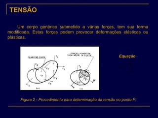 TENSÃO
Um corpo genérico submetido a várias forças, tem sua forma
modificada. Estas forças podem provocar deformações elásticas ou
plásticas.
Figura 2 - Procedimento para determinação da tensão no ponto P.
A
F
T
∆
∆
=

Equação
 