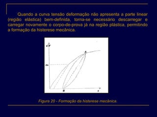 Quando a curva tensão deformação não apresenta a parte linear
(região elástica) bem-definida, torna-se necessário descarregar e
carregar novamente o corpo-de-prova já na região plástica, permitindo
a formação da histerese mecânica.
Figura 20 - Formação da histerese mecânica.
σ
σe
A
B ε
 