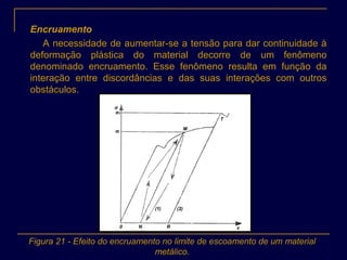 Encruamento
A necessidade de aumentar-se a tensão para dar continuidade à
deformação plástica do material decorre de um fenômeno
denominado encruamento. Esse fenômeno resulta em função da
interação entre discordâncias e das suas interações com outros
obstáculos.
σ
σ2
σt
M
T
0 N R ε
(1) (2)
Figura 21 - Efeito do encruamento no limite de escoamento de um material
metálico.
 