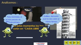 En estos momentos los tres
están en “CAIDA LIBRE”. fai
re
Fg
fai
re
Como vimos, es por el
AIRE. Veásmolo en el va-
cío y un paracaidista.
Analicemos :
Para Aristóteles, el
el más pesado de
elloscaía primero.
Gallileo, demostró
que los dos caían al
mismo tiempo.
 