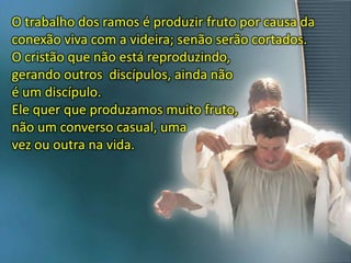 O trabalho dos ramos é produzir fruto por causa da
conexão viva com a videira; senão serão cortados.
O cristão que não está reproduzindo,
gerando outros discípulos, ainda não
é um discípulo.
Ele quer que produzamos muito fruto,
não um converso casual, uma
vez ou outra na vida.
 