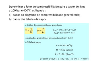 Determinar o fator de compressibilidade para o vapor de água
a 100 bar e 400°C, utilizando :
a) dados do diagrama de compressibilidade generalizado;
b) dados das tabelas de vapor.
 