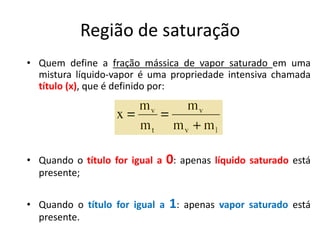 Região de saturação
• Quem define a fração mássica de vapor saturado em uma
  mistura líquido-vapor é uma propriedade intensiva chamada
  título (x), que é definido por:




• Quando o título for igual a   0: apenas líquido saturado está
  presente;

• Quando o título for igual a   1:   apenas vapor saturado está
  presente.
 