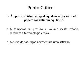Ponto Crítico
• É o ponto máximo no qual líquido e vapor saturado
            podem coexistir em equilíbrio.

• A temperatura, pressão e volume neste estado
  recebem a terminologia crítica.

• A curva de saturação apresentará uma inflexão.
 
