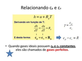 Relacionando cp e cv




• Quando gases ideais possuem cp e cv constantes,
      eles são chamados de gases perfeitos.
 
