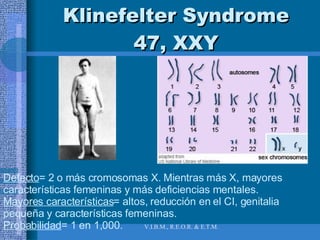 Klinefelter Syndrome 47, XXY Defecto = 2 o más cromosomas X. Mientras más X, mayores características femeninas y más deficiencias mentales. Mayores características = altos, reducción en el CI, genitalia pequeña y características femeninas. Probabilidad = 1 en 1,000. 