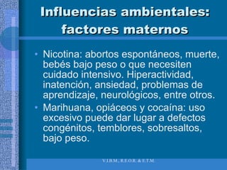 Influencias ambientales: factores maternos Nicotina: abortos espontáneos, muerte, bebés bajo peso o que necesiten cuidado intensivo. Hiperactividad, inatención, ansiedad, problemas de aprendizaje, neurológicos, entre otros. Marihuana, opiáceos y cocaína: uso excesivo puede dar lugar a defectos congénitos, temblores, sobresaltos, bajo peso.  