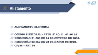 Alistamento
▰ ALISTAMENTO ELEITORAL
▰ CÓDIGO ELEITORAL – ARTS. 5º AO 11; 42 AO 61
▰ RESOLUÇÃO 21.538 DE 14 DE OUTUBRO DE 2003.
▰ RESOLUÇÃO 23.562 DE 22 DE MARÇO DE 2018.
▰ CF/88 – ART 14
3
 