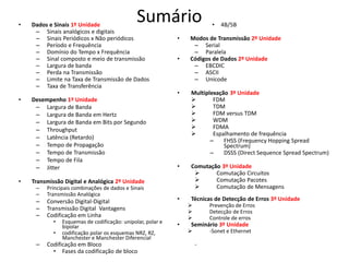 • Dados e Sinais 1º Unidade
– Sinais analógicos e digitais
– Sinais Periódicos x Não periódicos
– Período e Frequência
– Domínio do Tempo x Frequência
– Sinal composto e meio de transmissão
– Largura de banda
– Perda na Transmissão
– Limite na Taxa de Transmissão de Dados
– Taxa de Transferência
• Desempenho 1º Unidade
– Largura de Banda
– Largura de Banda em Hertz
– Largura de Banda em Bits por Segundo
– Throughput
– Latência (Retardo)
– Tempo de Propagação
– Tempo de Transmissão
– Tempo de Fila
– Jitter
• Transmissão Digital e Analógica 2º Unidade
– Principais combinações de dados e Sinais
– Transmissão Analógica
– Conversão Digital-Digital
– Transmissão Digital Vantagens
– Codificação em Linha
• Esquemas de codificação: unipolar, polar e
bipolar
• codificação polar os esquemas NRZ, RZ,
Manchester e Manchester Diferencial
– Codificação em Bloco
• Fases da codificação de bloco
• 4B/5B
• Modos de Transmissão 2º Unidade
– Serial
– Paralela
• Códigos de Dados 2º Unidade
– EBCDIC
– ASCII
– Unicode
• Multiplexação 3º Unidade
 FDM
 TDM
 FDM versus TDM
 WDM
 FDMA
 Espalhamento de frequência
– FHSS (Frequency Hopping Spread
Spectrum)
– DSSS (Direct Sequence Spread Spectrum)
• Comutação 3º Unidade
 Comutação Circuitos
 Comutação Pacotes
 Comutação de Mensagens
• Técnicas de Detecção de Erros 3º Unidade
 Prevenção de Erros
 Detecção de Erros
 Controle de erros
• Seminário 3º Unidade
 -Sonet e Ethernet
-
Sumário
 