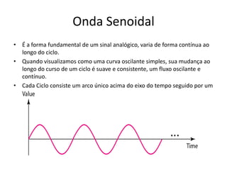 Onda Senoidal
• É a forma fundamental de um sinal analógico, varia de forma contínua ao
longo do ciclo.
• Quando visualizamos como uma curva oscilante simples, sua mudança ao
longo do curso de um ciclo é suave e consistente, um fluxo oscilante e
contínuo.
• Cada Ciclo consiste um arco único acima do eixo do tempo seguido por um
arco único abaixo dele.
 