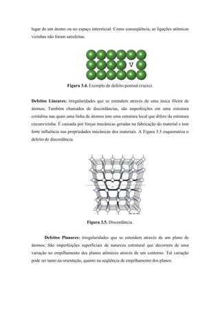 lugar de um átomo ou no espaço intersticial. Como conseqüência, as ligações atômicas
vizinhas não foram satisfeitas.




                    Figura 3.4. Exemplo de defeito pontual (vazio).


Defeitos Lineares: irregularidades que se estendem através de uma única fileira de
átomos; Também chamados de discordâncias, são imperfeições em uma estrutura
cristalina nas quais uma linha de átomos tem uma estrutura local que difere da estrutura
circunvizinha. É causada por forças mecânicas geradas na fabricação do material e tem
forte influência nas propriedades mecânicas dos materiais. A Figura 3.5 esquematiza o
defeito de discordância.




                                  Figura 3.5. Discordância.


       Defeitos Planares: irregularidades que se estendem através de um plano de
átomos; São imperfeições superficiais de natureza estrutural que decorrem de uma
variação no empilhamento dos planos atômicos através de um contorno. Tal variação
pode ser tanto na orientação, quanto na seqüência de empilhamento dos planos.
 