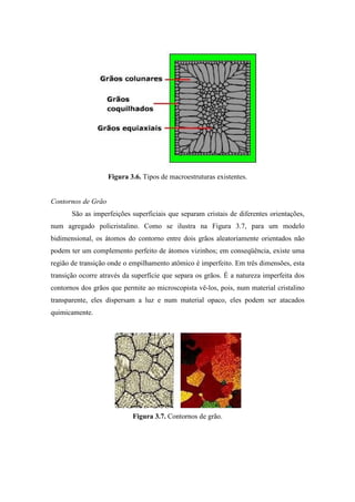 Figura 3.6. Tipos de macroestruturas existentes.


Contornos de Grão
       São as imperfeições superficiais que separam cristais de diferentes orientações,
num agregado policristalino. Como se ilustra na Figura 3.7, para um modelo
bidimensional, os átomos do contorno entre dois grãos aleatoriamente orientados não
podem ter um complemento perfeito de átomos vizinhos; em conseqüência, existe uma
região de transição onde o empilhamento atômico é imperfeito. Em três dimensões, esta
transição ocorre através da superfície que separa os grãos. É a natureza imperfeita dos
contornos dos grãos que permite ao microscopista vê-los, pois, num material cristalino
transparente, eles dispersam a luz e num material opaco, eles podem ser atacados
quimicamente.




                            Figura 3.7. Contornos de grão.
 