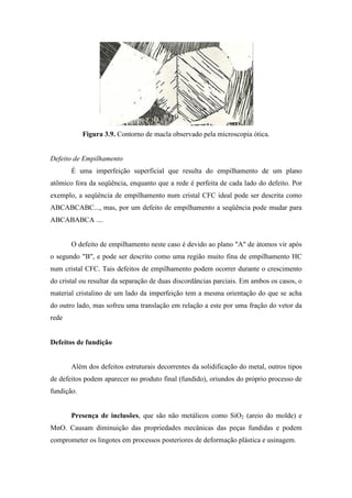 Figura 3.9. Contorno de macla observado pela microscopia ótica.


Defeito de Empilhamento
       É uma imperfeição superficial que resulta do empilhamento de um plano
atômico fora da seqüência, enquanto que a rede é perfeita de cada lado do defeito. Por
exemplo, a seqüência de empilhamento num cristal CFC ideal pode ser descrita como
ABCABCABC..., mas, por um defeito de empilhamento a seqüência pode mudar para
ABCABABCA ....


       O defeito de empilhamento neste caso é devido ao plano "A" de átomos vir após
o segundo "B", e pode ser descrito como uma região muito fina de empilhamento HC
num cristal CFC. Tais defeitos de empilhamento podem ocorrer durante o crescimento
do cristal ou resultar da separação de duas discordâncias parciais. Em ambos os casos, o
material cristalino de um lado da imperfeição tem a mesma orientação do que se acha
do outro lado, mas sofreu uma translação em relação a este por uma fração do vetor da
rede


Defeitos de fundição


       Além dos defeitos estruturais decorrentes da solidificação do metal, outros tipos
de defeitos podem aparecer no produto final (fundido), oriundos do próprio processo de
fundição.


       Presença de inclusões, que são não metálicos como SiO2 (areio do molde) e
MnO. Causam diminuição das propriedades mecânicas das peças fundidas e podem
comprometer os lingotes em processos posteriores de deformação plástica e usinagem.
 