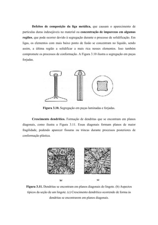 Defeitos de composição da liga metálica, que causam o aparecimento de
partículas duras indesejáveis no material ou concentração de impurezas em algumas
regiões, que pode ocorrer devido à segregação durante o processo de solidificação. Em
ligas, os elementos com mais baixo ponto de fusão se concentram no líquido, sendo
assim, a última região a solidificar a mais rica nesses elementos. Isso também
compromete os processos de conformação. A Figura 3.10 ilustra a segregação em peças
forjadas.




               Figura 3.10. Segregação em peças laminadas e forjadas.


       Crescimento dendrítico. Formação de dendritas que se encontram em planos
diagonais, como ilustra a Figura 3.11. Essas diagonais formam planos de maior
fragilidade, podendo aparecer fissuras ou trincas durante processos posteriores de
conformação plástica.




   Figura 3.11. Dendritas se encontram em planos diagonais do lingote. (b) Aspectos
   típicos da seção de um lingote. (c) Crescimento dendrítico ocorrendo de forma às
                    dendritas se encontrarem em planos diagonais.
 