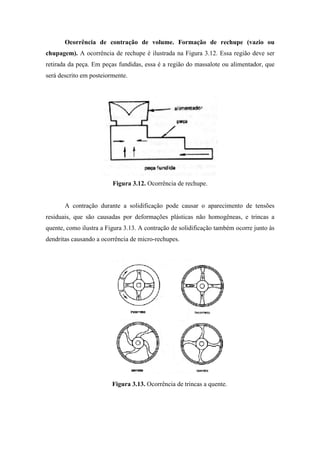Ocorrência de contração de volume. Formação de rechupe (vazio ou
chupagem). A ocorrência de rechupe é ilustrada na Figura 3.12. Essa região deve ser
retirada da peça. Em peças fundidas, essa é a região do massalote ou alimentador, que
será descrito em posteiormente.




                         Figura 3.12. Ocorrência de rechupe.


       A contração durante a solidificação pode causar o aparecimento de tensões
residuais, que são causadas por deformações plásticas não homogêneas, e trincas a
quente, como ilustra a Figura 3.13. A contração de solidificação também ocorre junto às
dendritas causando a ocorrência de micro-rechupes.




                         Figura 3.13. Ocorrência de trincas a quente.
 