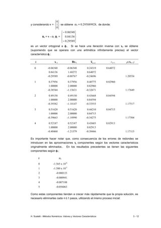 H. Scaletti - Métodos Numéricos: Valores y Vectores Característicos 3 - 12
y considerando v =










0
1
0
se obtiene α1 = 0.295889928, de donde:
x0 = v - α1 φ
φ
φ
φ1 =










−
−
29589
.
0
84136
.
0
06548
.
0
es un vector ortogonal a φ
φ
φ
φ1. Si se hace una iteración inversa con x0 se obtiene
(suponiendo que se operara con una aritmética infinitamente precisa) el vector
característico φ
φ
φ
φ2:
k x k Bx k 1
+
k
x r k+1 ρ (xk+1)
0 -0.06548 -0.06548 0.24319 0.64072
0.84136 1.68272 0.64072
-0.29589 -0.88767 -0.24696 1.20534
1 0.37956 0.37956 0.40775 0.82960
1.00000 2.00000 0.82960
-0.38544 -1.15631 -0.32671 1.17649
2 0.49150 0.49150 0.43668 0.84594
1.00000 2.00000 0.84594
-0.39382 -1.18147 -0.33553 1.17517
3 0.51620 0.51620 0.44210 0.84715
1.00000 2.00000 0.84715
-0.39663 -1.18990 -0.34275 1.17504
4 0.52187 0.52187 0.43603 0.82913
1.00000 2.00000 0.82913
-0.40460 -1.21379 -0.38466 1.17113
Es importante hacer notar que, como consecuencia de los errores de redondeo se
introducen en las aproximaciones xj componentes según los vectores característicos
originalmente eliminados.. En los resultados precedentes se tienen las siguientes
componentes según φ
φ
φ
φ1:
k α1
0 -1.565 x 10-6
1 -1.580 x 10-5
2 -0.000123
3 -0.000941
4 -0.007188
5 -0.056063
Como estas componentes tienden a crecer más rápidamente que la propia solución, es
necesario eliminarlas cada 4 ó 5 pasos, utilizando el mismo proceso inicial:
 