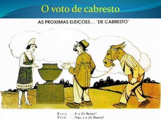 A política dos governadores
 As oligarquias estaduais ajudavam a eleger deputados e
senadores favoráveis ao presidente. Para garantir o sucesso
dessa política, Campos Sales aumentou também o controle
do Presidente da República sobre a Comissão de
Verificação de Poderes.
 A alternância entre São Paulo e Minas na Presidência da
República é chamada de política do café com leite.
 
