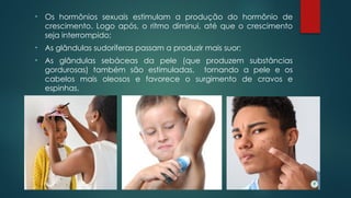 • Os hormônios sexuais estimulam a produção do hormônio de
crescimento. Logo após, o ritmo diminui, até que o crescimento
seja interrompido;
• As glândulas sudoríferas passam a produzir mais suor;
• As glândulas sebáceas da pele (que produzem substâncias
gordurosas) também são estimuladas, tornando a pele e os
cabelos mais oleosos e favorece o surgimento de cravos e
espinhas.
 