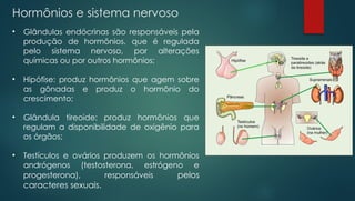 • Glândulas endócrinas são responsáveis pela
produção de hormônios, que é regulada
pelo sistema nervoso, por alterações
químicas ou por outros hormônios;
• Hipófise: produz hormônios que agem sobre
as gônadas e produz o hormônio do
crescimento;
• Glândula tireoide: produz hormônios que
regulam a disponibilidade de oxigênio para
os órgãos;
• Testículos e ovários produzem os hormônios
andrógenos (testosterona, estrógeno e
progesterona), responsáveis pelos
caracteres sexuais.
Hormônios e sistema nervoso
 