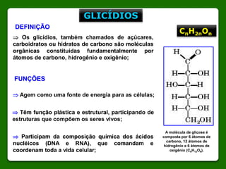 DEFINIÇÃO
FUNÇÕES
 Os glicídios, também chamados de açúcares,
carboidratos ou hidratos de carbono são moléculas
orgânicas constituídas fundamentalmente por
átomos de carbono, hidrogênio e oxigênio;
 Agem como uma fonte de energia para as células;
 Têm função plástica e estrutural, participando de
estruturas que compõem os seres vivos;
 Participam da composição química dos ácidos
nucléicos (DNA e RNA), que comandam e
coordenam toda a vida celular;
A molécula de glicose é
composta por 6 átomos de
carbono, 12 átomos de
hidrogênio e 6 átomos de
oxigênio (C6H12O6).
GLICÍDIOS
CnH2nOn
 