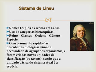 
Sistema de Lineu
Nomes Duplos e escritos em Latim
Uso de categorias hierárquicas
Reino – Classes – Ordens – Gênero –
Espécie
Com o aumento rápido das
descobertas biológicas viu-se a
necessidade de agrupar os organismos, e
foram criadas novas unidades de
classificação (ou taxons), sendo que a
unidade básica do sistema atual é a
espécie.
 