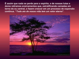 É assim que nada se perde para o espírito, e de nossas lutas e dores retiramos ensinamentos que, estratificando camadas em torno do eu central, o fazem crescer em um processo de expansão contínua. “ Todo ato de nosso vida tem um valor eterno ”.  
