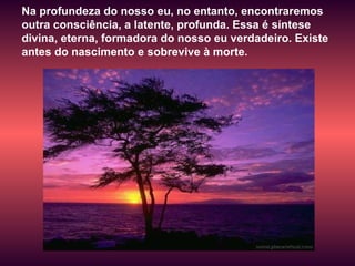 Na profundeza do nosso eu, no entanto, encontraremos outra consciência, a latente, profunda. Essa é síntese divina, eterna, formadora do nosso eu verdadeiro. Existe antes do nascimento e sobrevive à morte.  