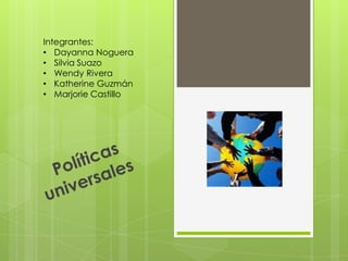 Integrantes:
• Dayanna Noguera
• Silvia Suazo
• Wendy Rivera
• Katherine Guzmán
• Marjorie Castillo

 