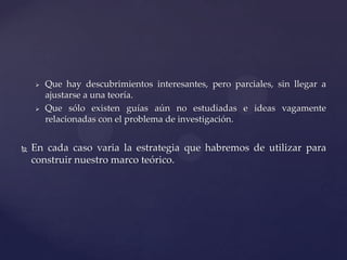 





Que hay descubrimientos interesantes, pero parciales, sin llegar a
ajustarse a una teoría.
Que sólo existen guías aún no estudiadas e ideas vagamente
relacionadas con el problema de investigación.

En cada caso varia la estrategia que habremos de utilizar para
construir nuestro marco teórico.

 